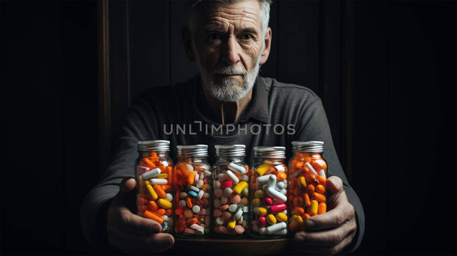 an elderly man holds several jars of pills and pills in front of him. mental and physical health concept. Caring for the Elderly .Generative AI