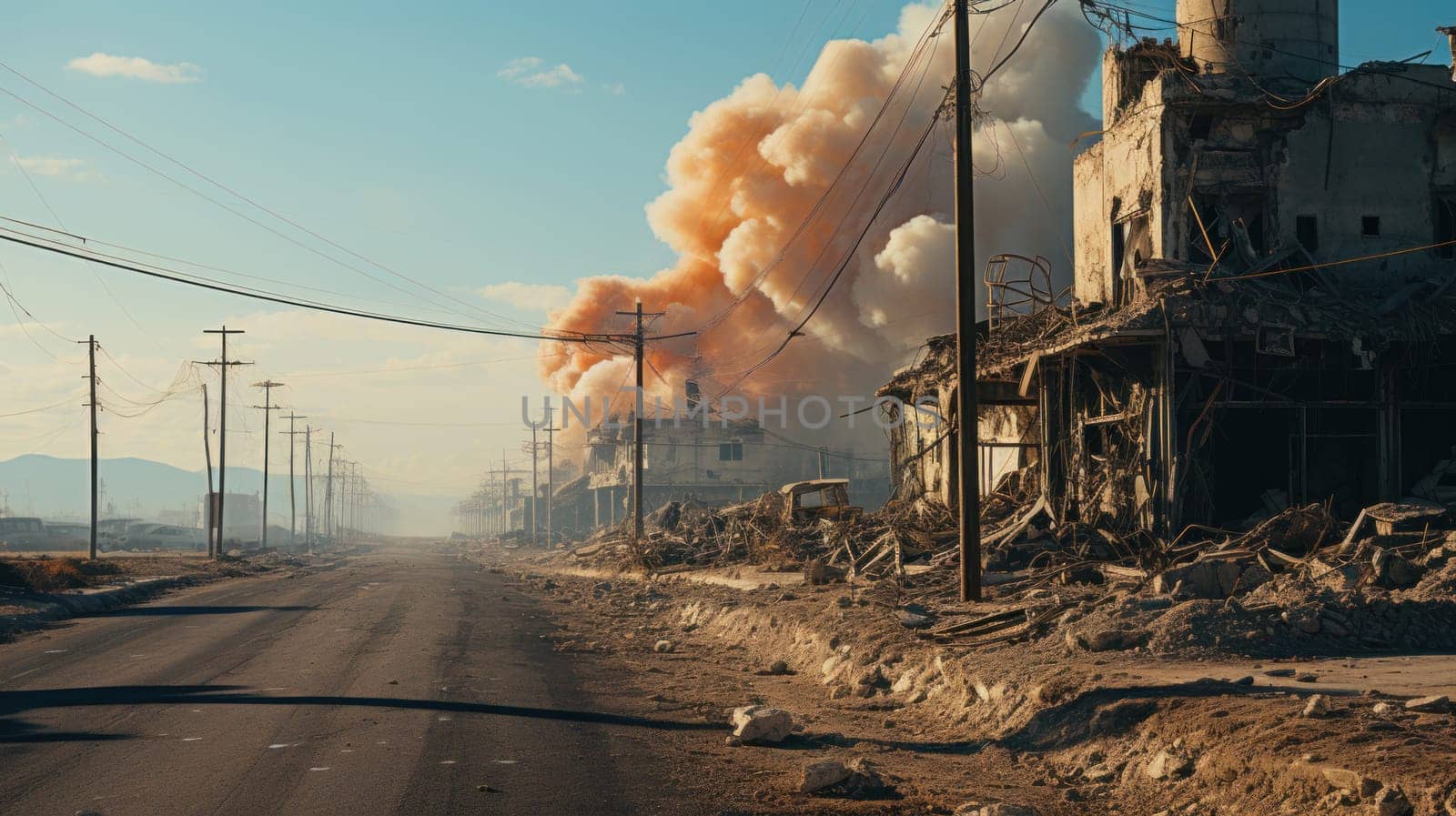 destroyed houses in the city with smoke enveloping them. the consequences of natural disasters, earthquakes or war.Generative AI