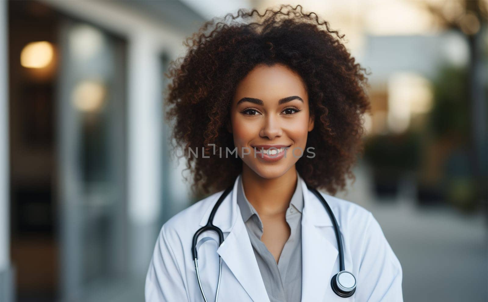 young smiling doctor in a robe and with a stethoscope in the clinic .Generative AI