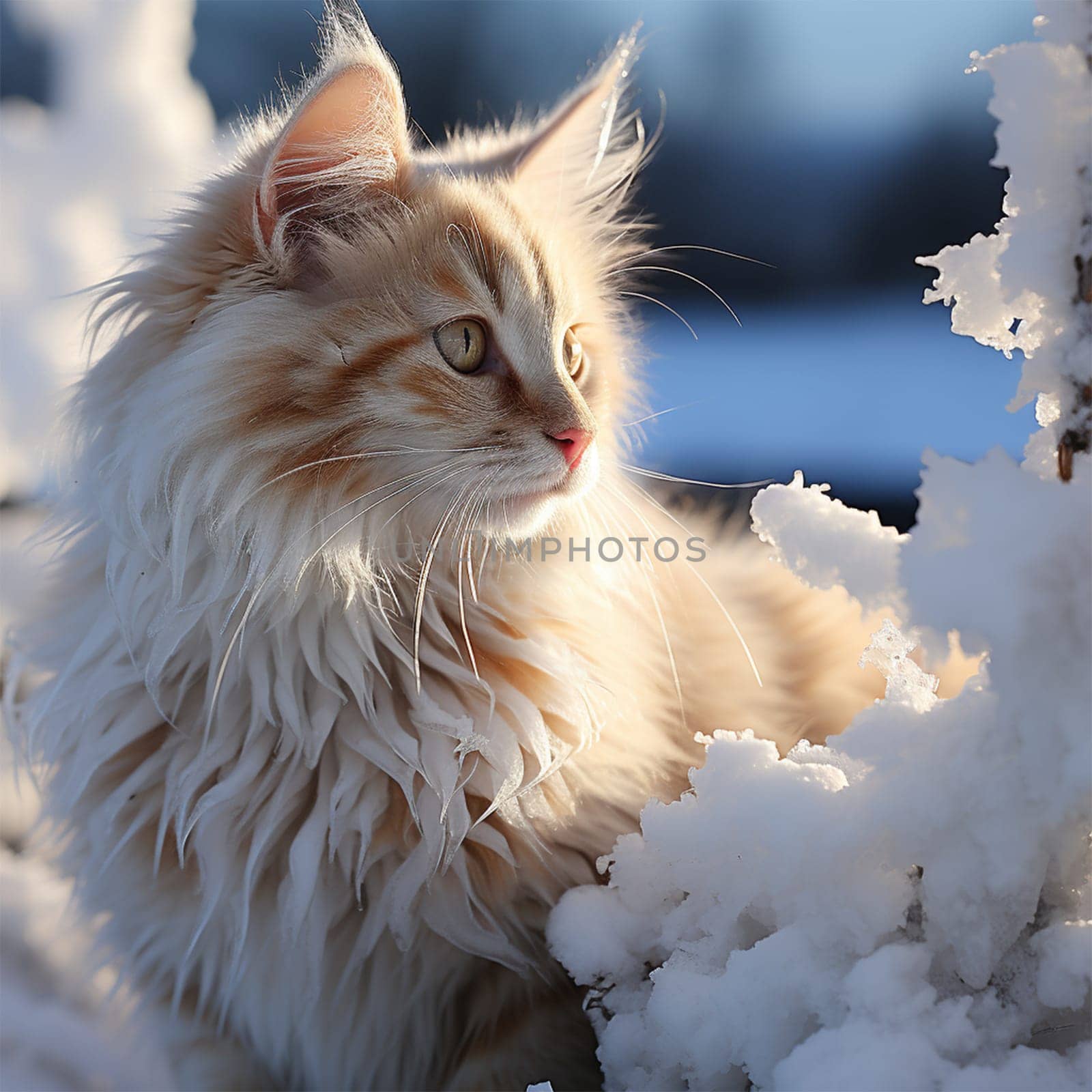red fluffy cat in winter looks at snow-covered branches .Generative AI