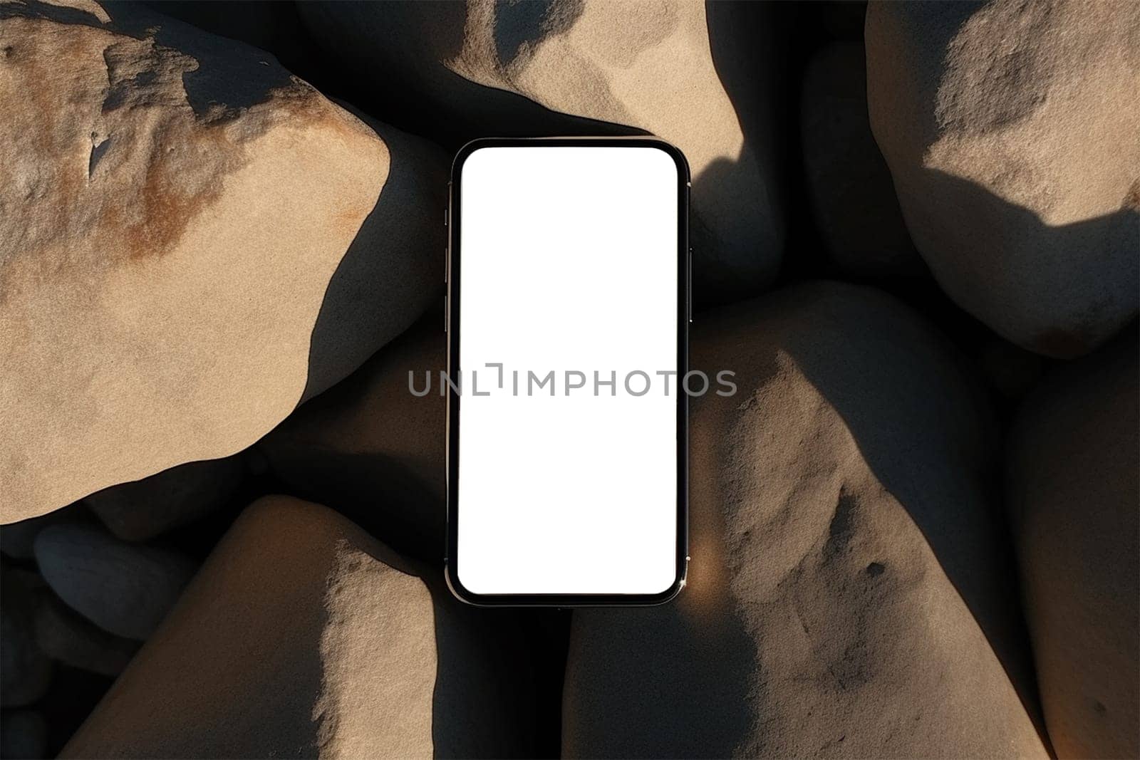 Flatlay phone on sand-colored stones. Free space for text, mockup. Aesthetic elegant picture for social networks.Generative AI