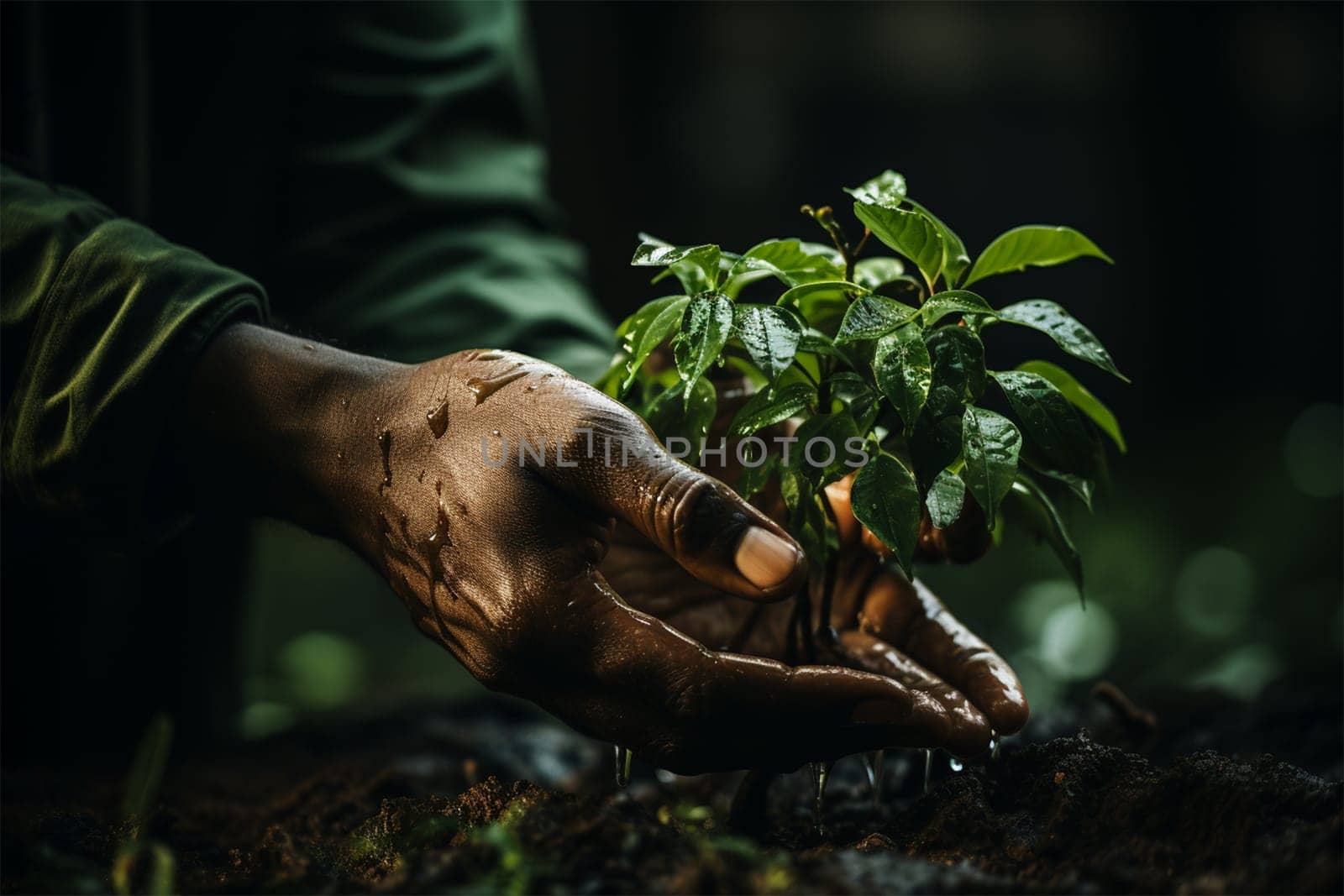 male hands holding a young tree seedling. caring for nature and preserving the environment. Ecological concept of saving the world and loving nature.Generative AI