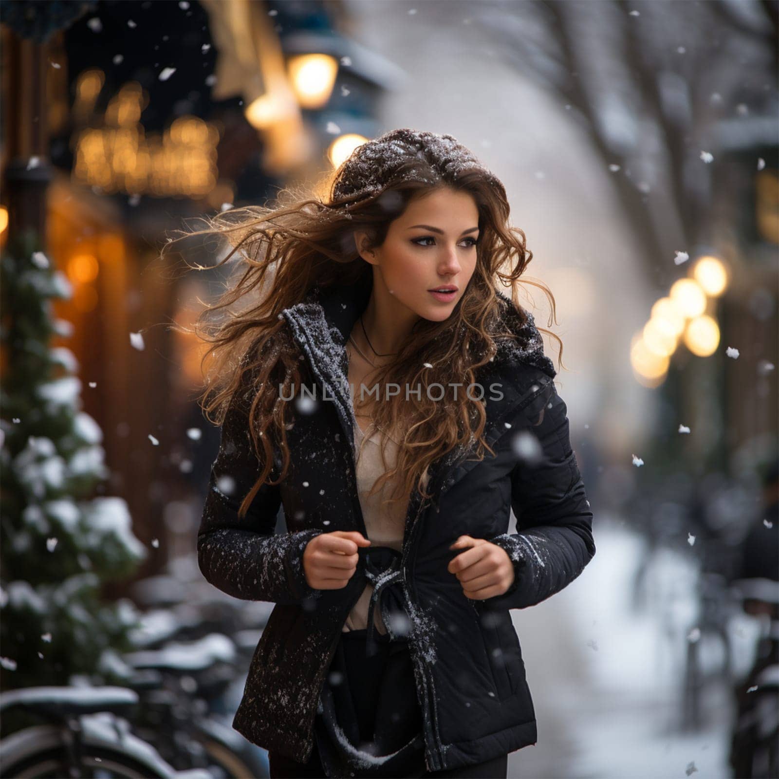 portrait of a young woman running in winter in the city during snowfall.Generative AI