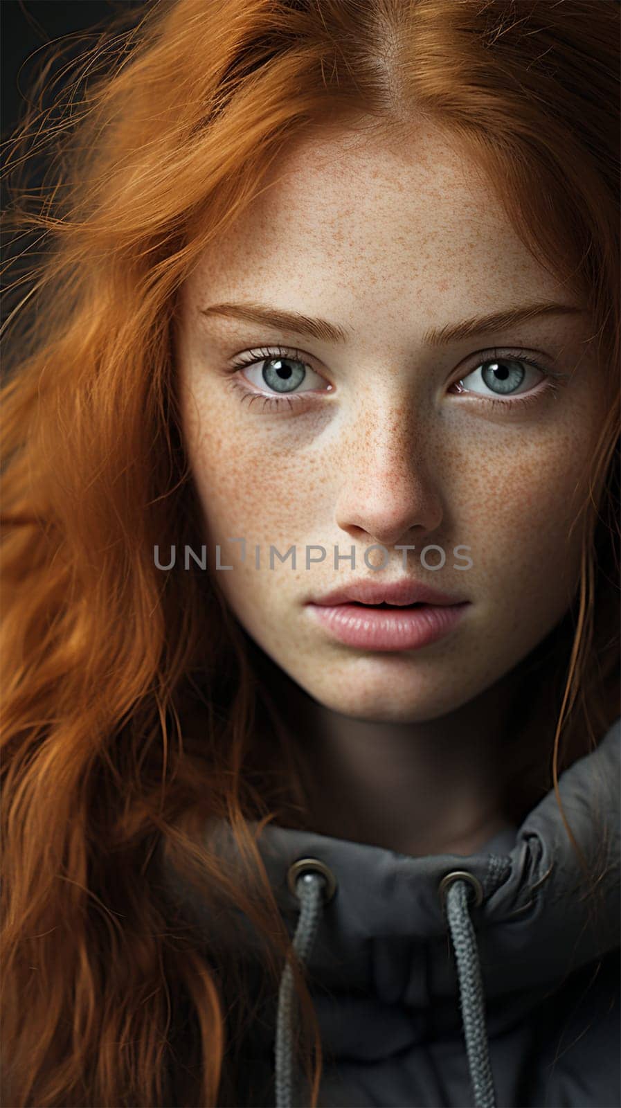 portrait of freckled redhead woman looking at camera, isolated on black.Generative AI
