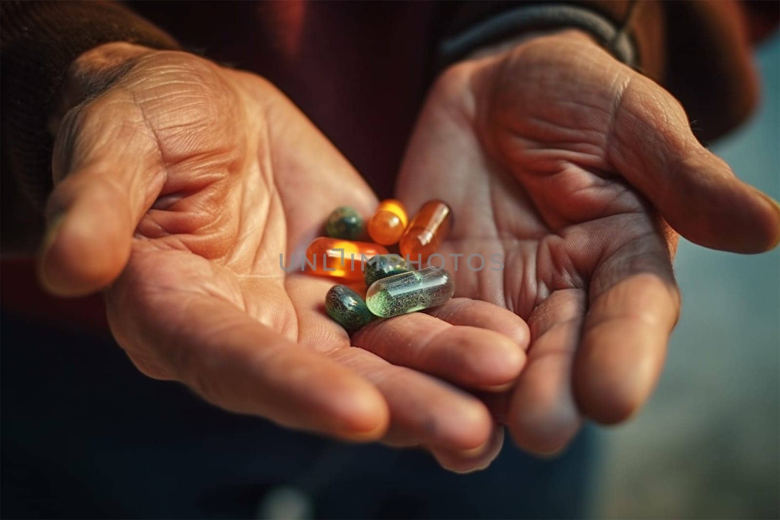 the hands of an elderly man with wrinkles hold pills. concept of mental health, support and family.Generative AI