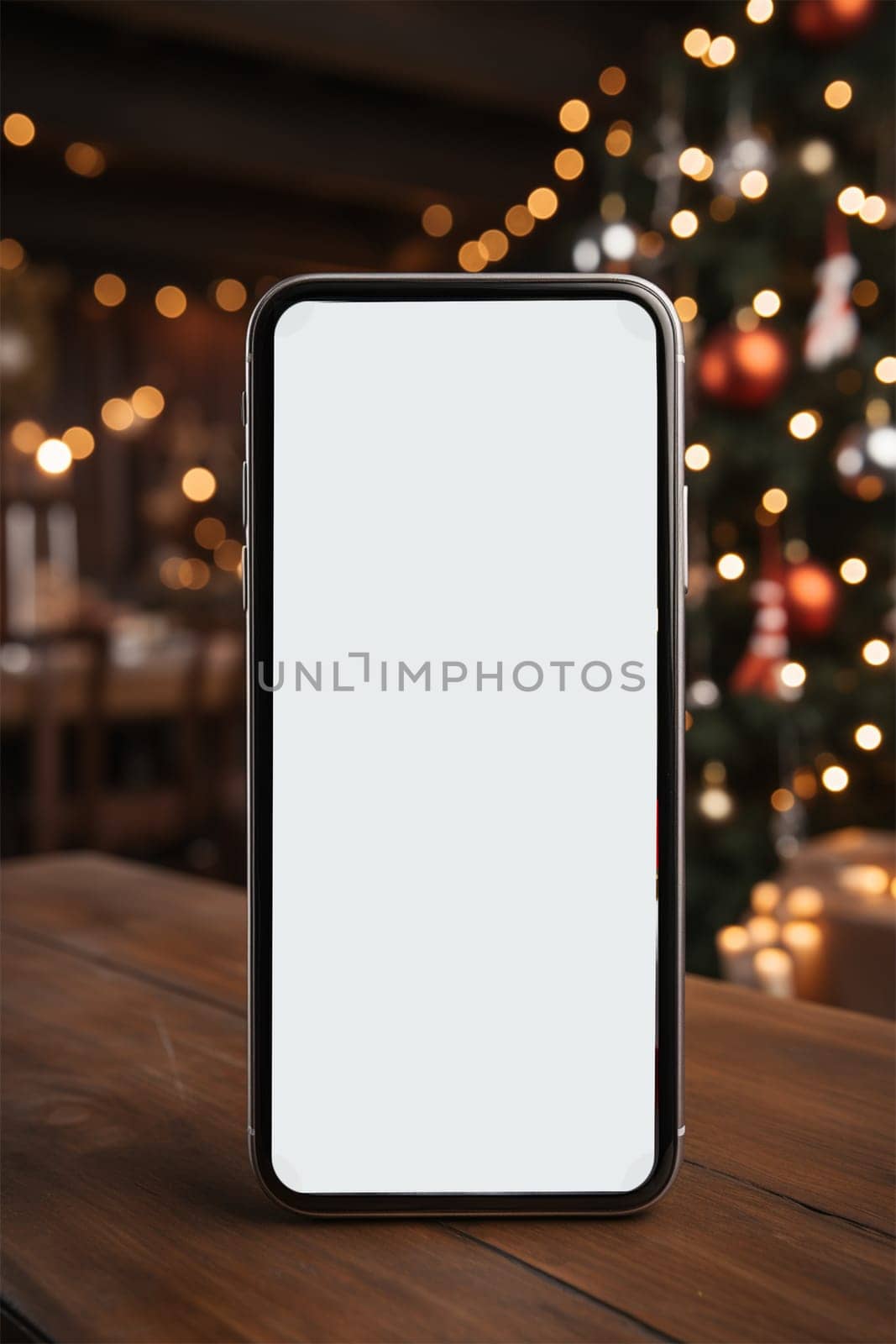 A hand holds a black smartphone with a blank screen on a Christmas background.copy space,mockup.Generative AI