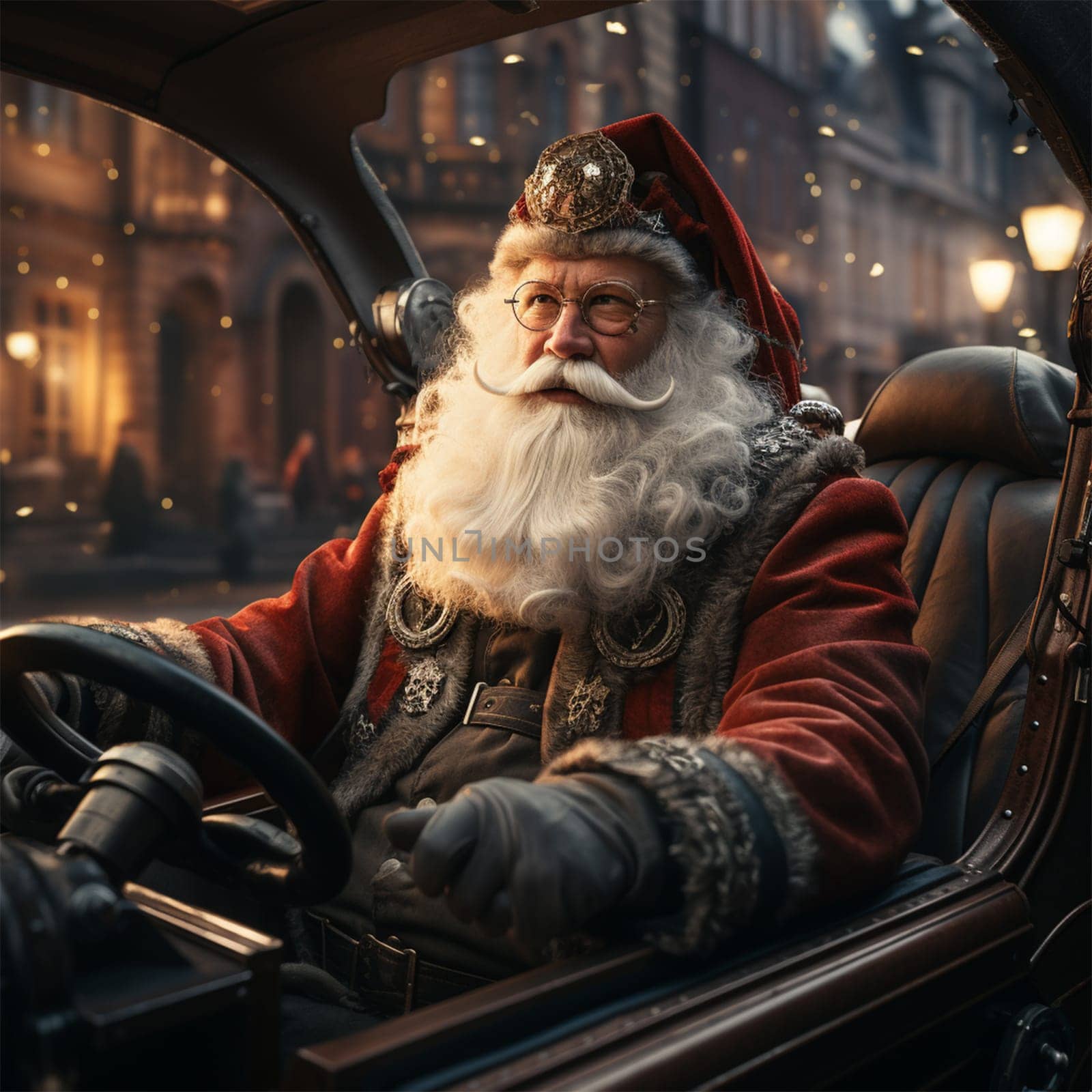 Santa Claus in a stylized retro car with embroidery and with ethnic elements on clothes.Generative AI