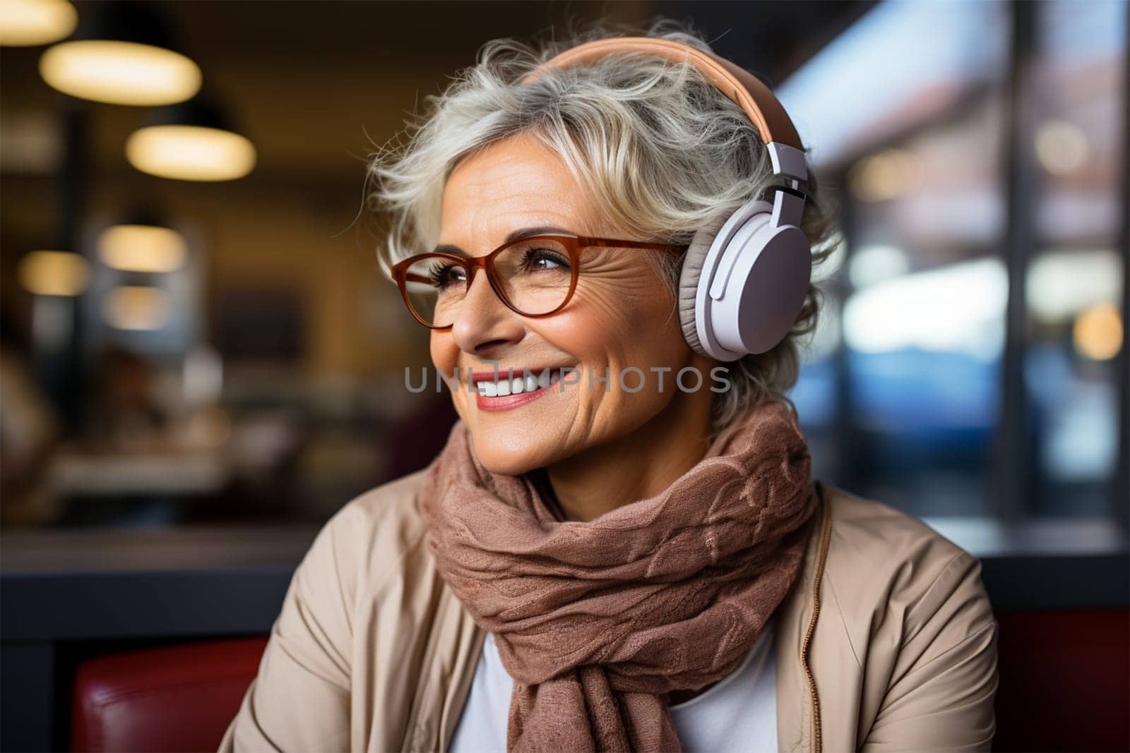 a beautiful and cheerful gray-haired woman in glasses, light clothes and headphones listens to music on the veranda or in a cafe.Generative AI
