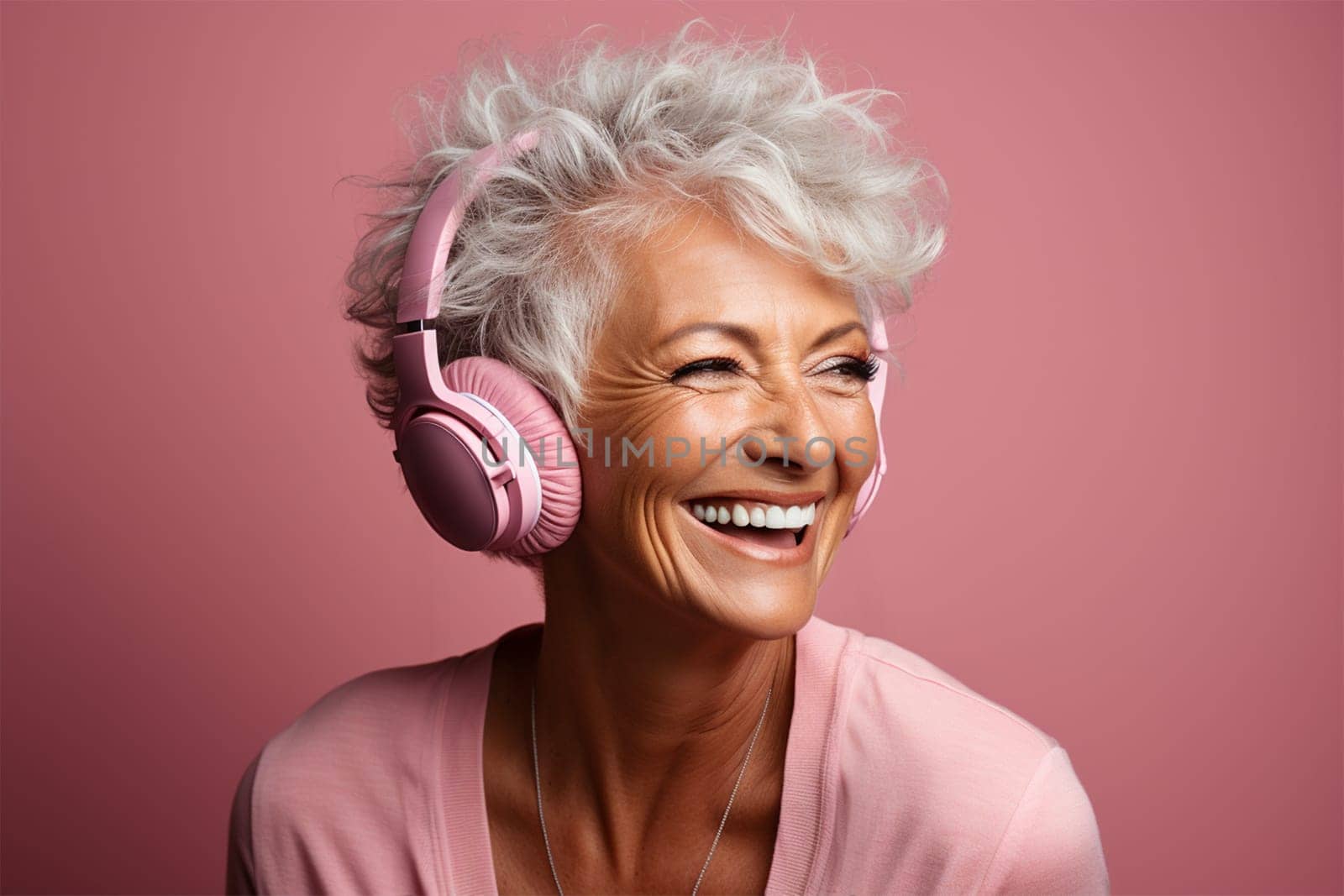 beautiful and cheerful gray-haired woman in pink clothes and headphones, on a color background.Generative AI