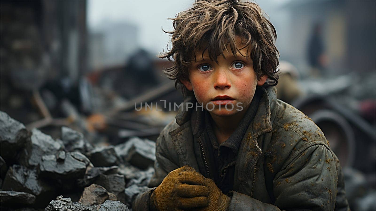 a shocked child sits on the ruins of a house in a city destroyed by an earthquake or war..Generative AI
