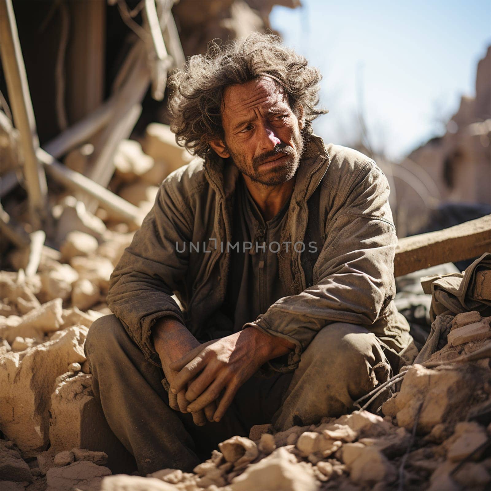 a shocked man sits on the ruins of a house in a city destroyed by an earthquake or war.Generative AI