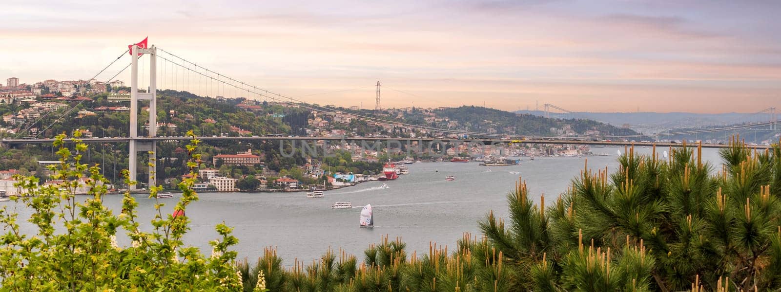 Aerial dawn shot of Istanbul city from Fethi Pasha Grove overlooking Bosphorus strait, with Bosphorus Bridge, or Bogazici Koprusu, connecting Europe and Asia, Istanbul, Turkey