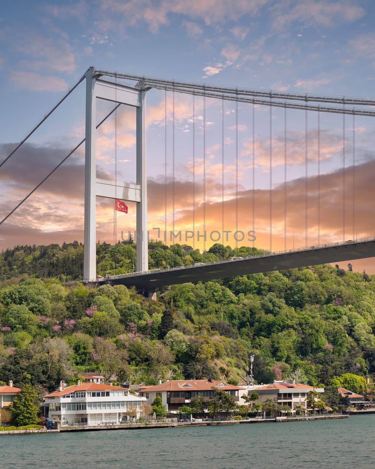 View from the sea of the Asian side of Bosphorus strait, Istanbul, Turkey, with traditional waterfront houses, under Bosphorus bridge, and green hill with dense trees before sunset