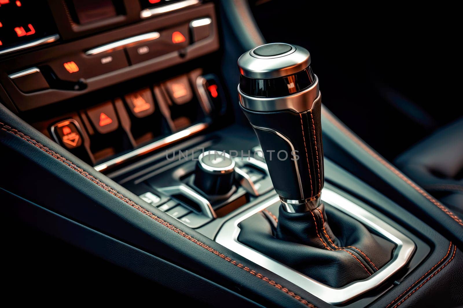 Manual transmission. Manual gearbox handle in the car. Gear shift handle. AI generated