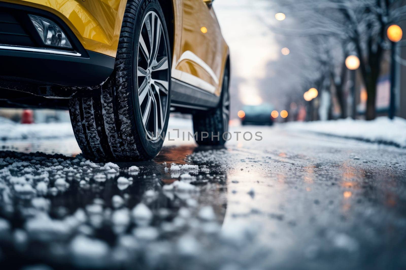 Close-up of car wheels rubber tires on winter road. Transportation and safety concept.  AI generated