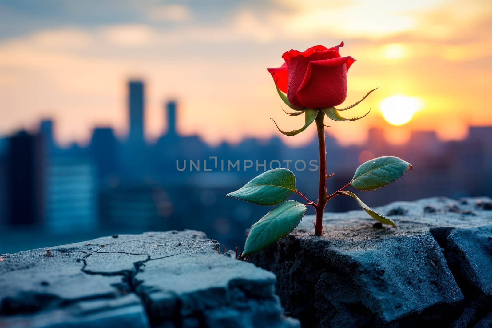 Red rose growing from a crack on a ruined concrete wall. AI generated