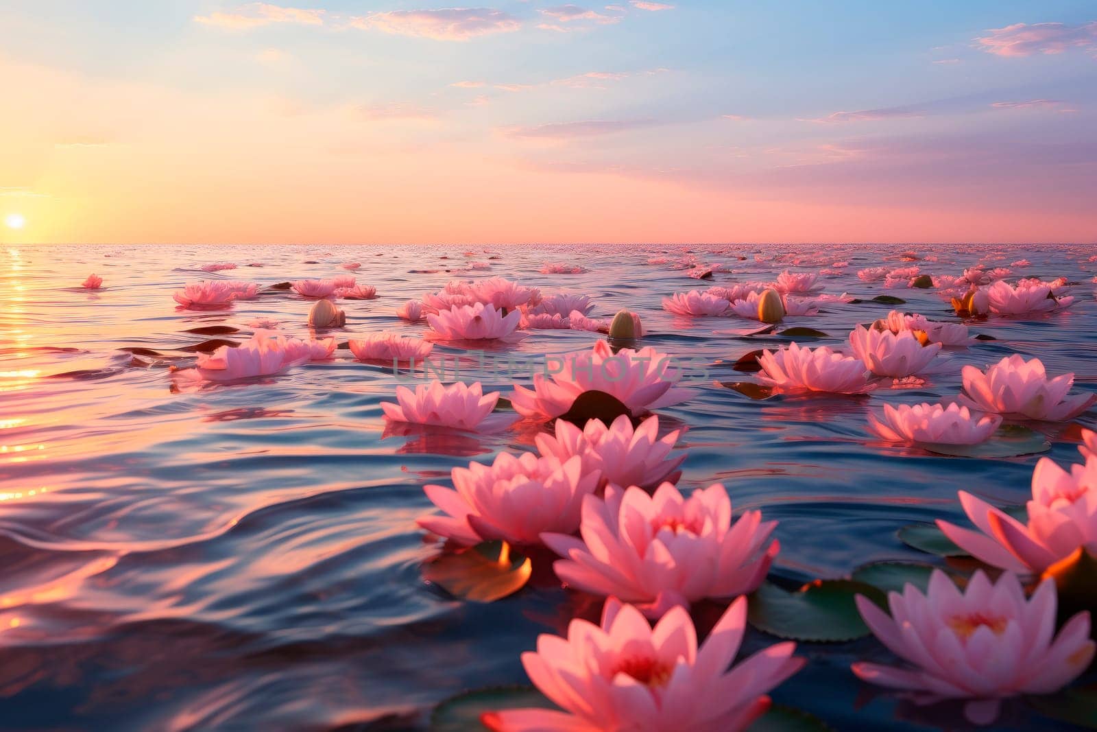 Countless pink water Lilies floating on the sea. Many beautiful and fresh water lilies grow on the surface of the calm water. AI generated