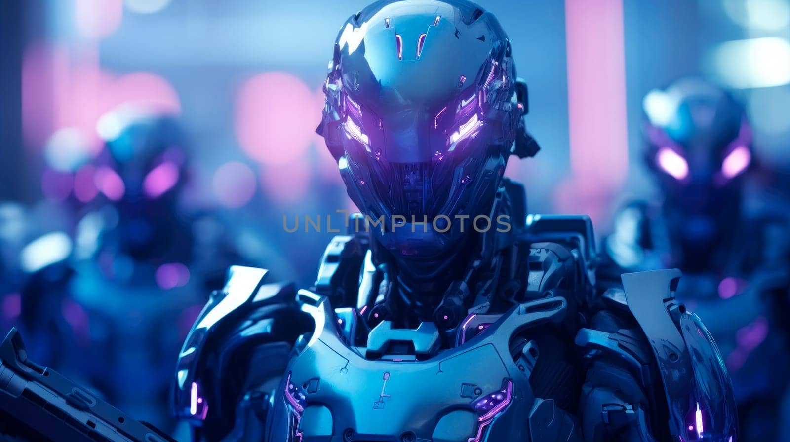 Invasion of military robots. Advanced robot soldiers with neonic lights.  AI generated