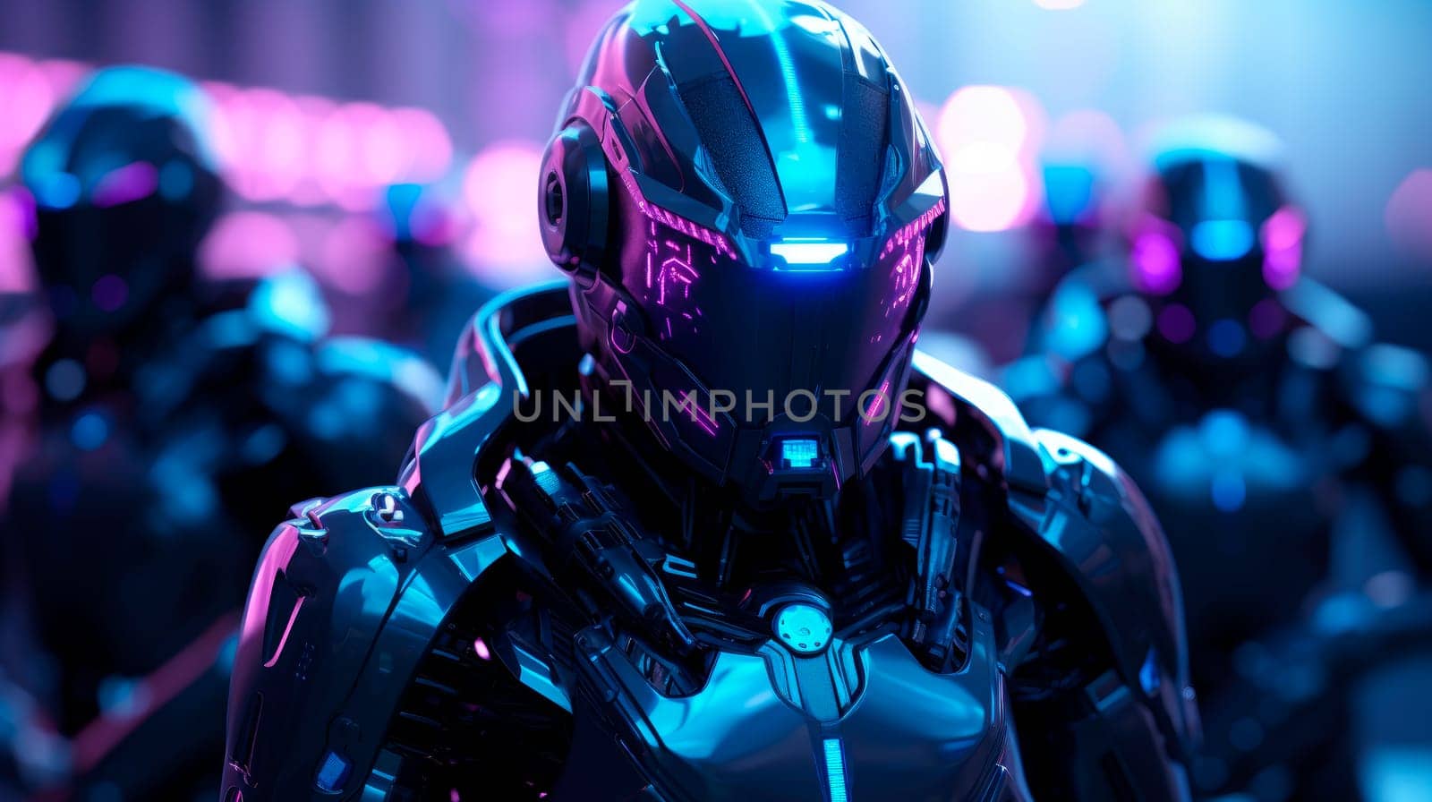 Invasion of military robots. Advanced robot soldiers with neonic lights.  AI generated