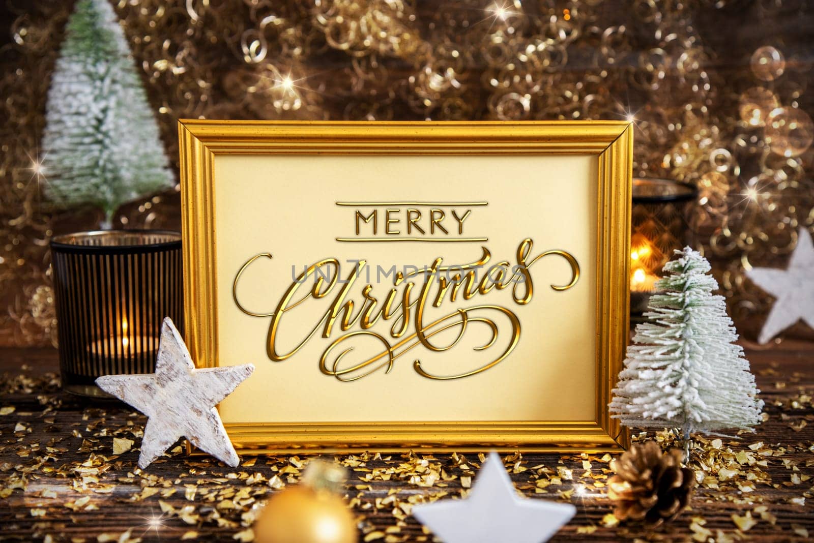 Golden Frame With Words Merry Christmas, Golden And Glittering Christmas Decoration, Winter Background