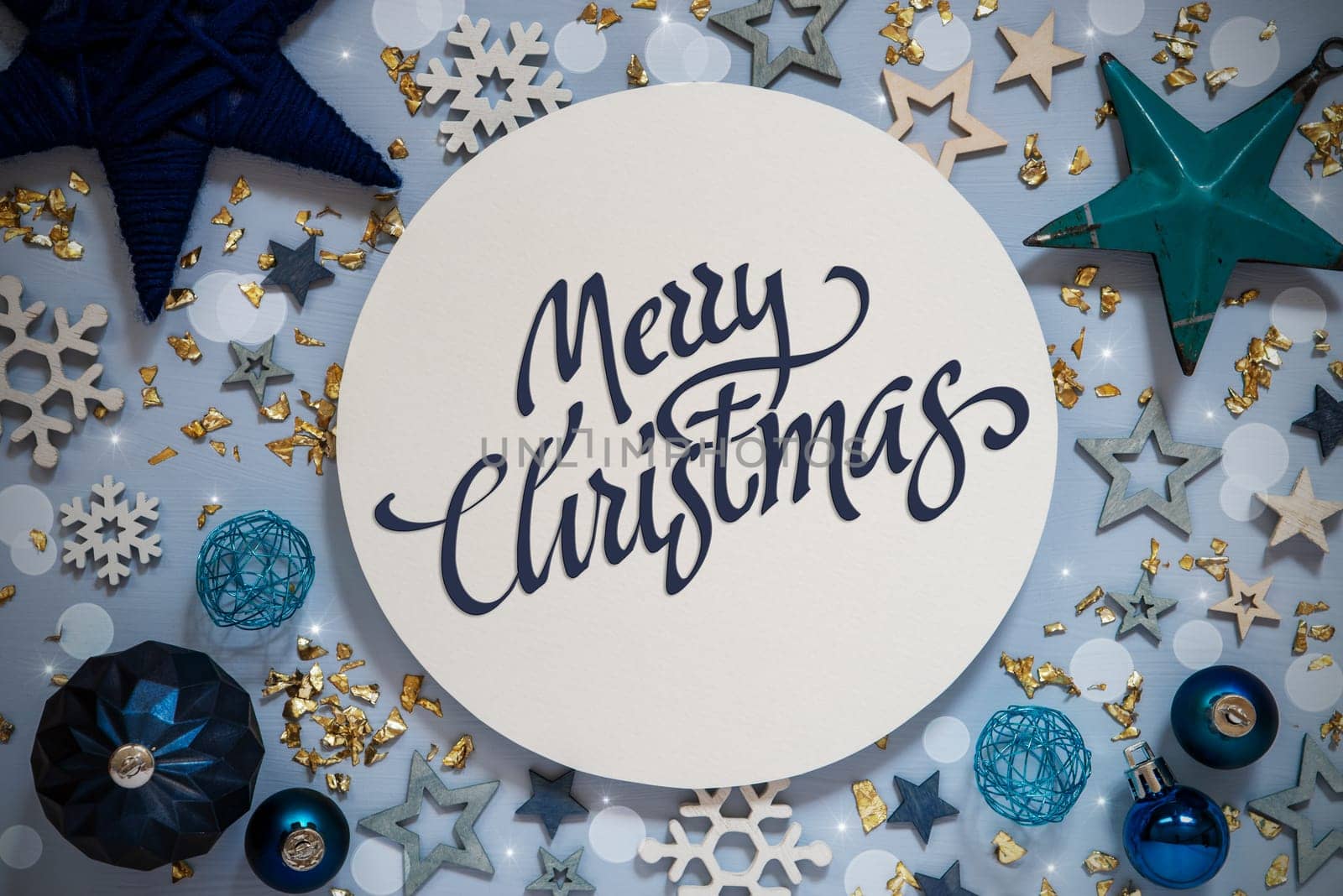Text Merry Christmas, Blue Flatlay, Christmas Decor, Winter Background, Stars Wooden Flatlay