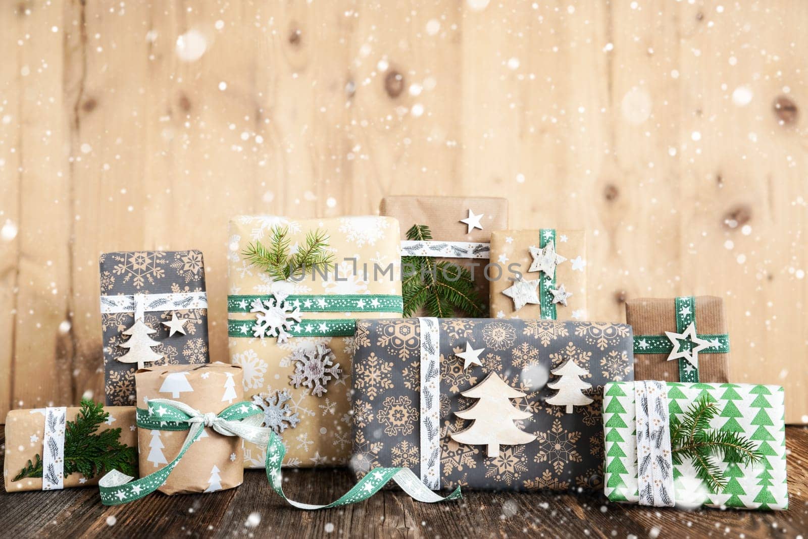Eco Friendly, Sustainable, Rustic, Green Wrapped Christmas Gifts Winter Background