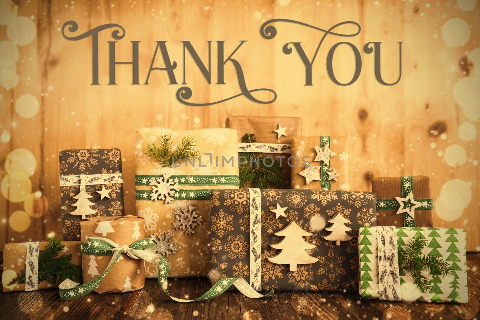 Text Thank You, Eco Friendly, Sustainable, Rustic, Green Wrapped Christmas Gifts, Winter Background