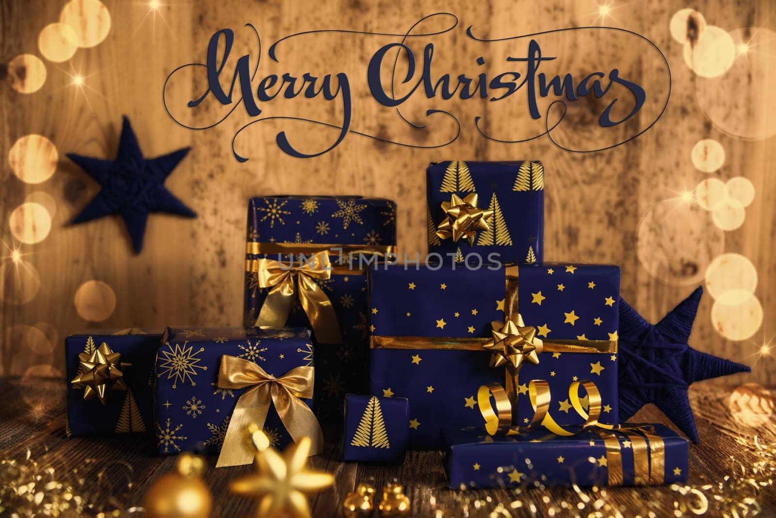 Text Merry Christmas, Many Blue Christmas Presents, Christmas Background, Wooden Winter Decor