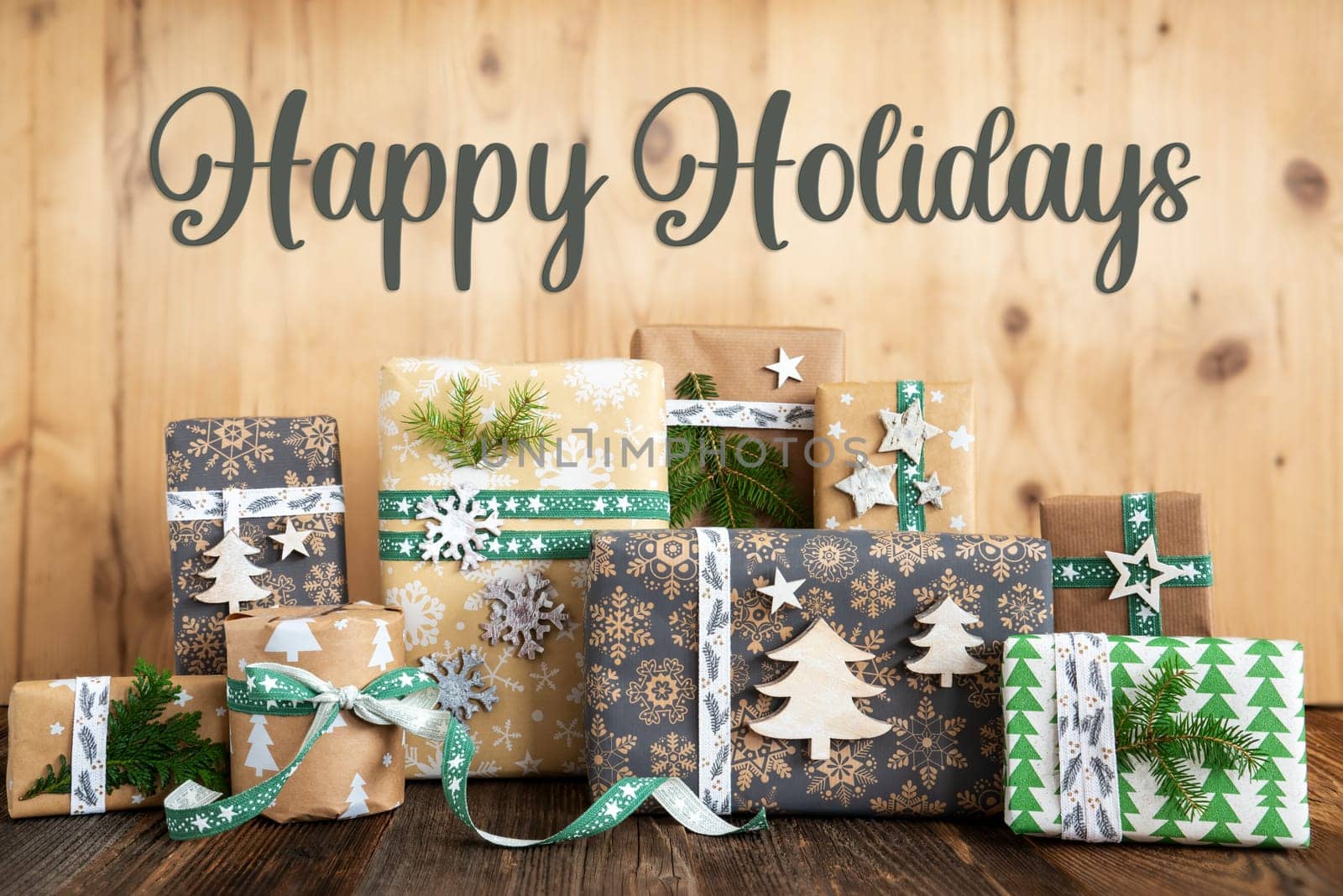 Text Happy Holidays, Rustic, Wooden, Eco-Friendly, Eco, Green, Sustainable Christmas Background Christmas Gifts Winter Background