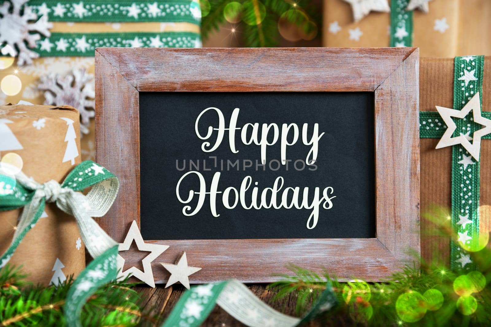 Text Happy Holidays, And Green, Sustainable Christmas Decoration, Winter Decoration, Eco-Friendly