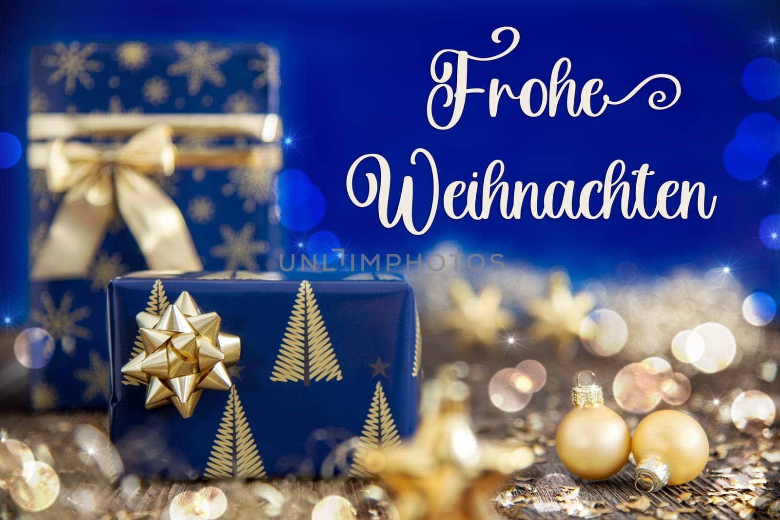 German Text Frohe Weihnachten, Means Merry Christmas In English, Golden Blue Shiny Christmas Decor, Winter Background