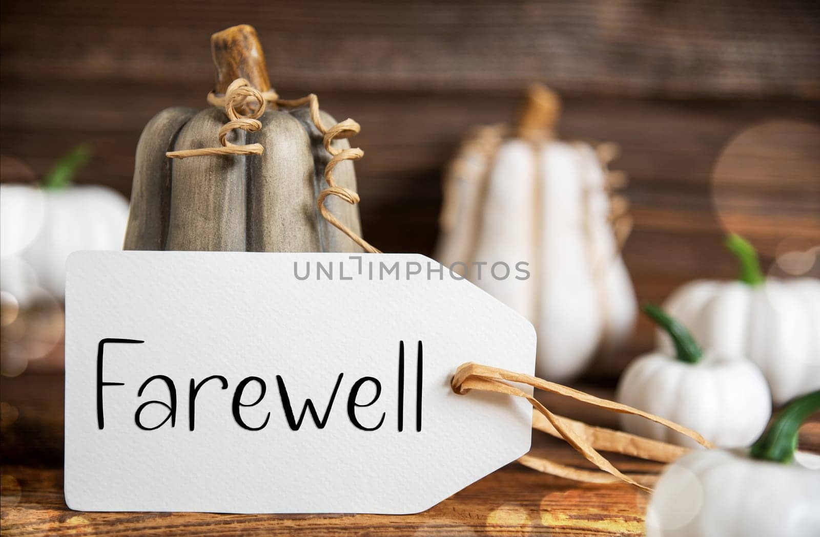 Autumn Decoration With Pumpkins, Rustic fall Decoration With Label Text Farewell