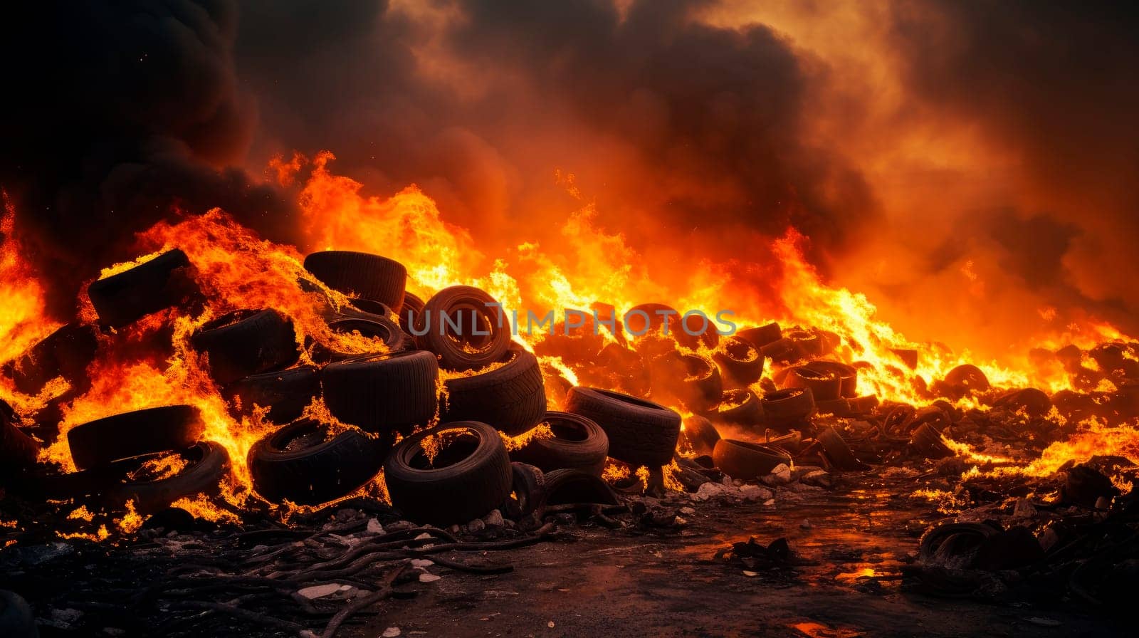 Burning rubber tires creating big black smoke and pollution. AI generated