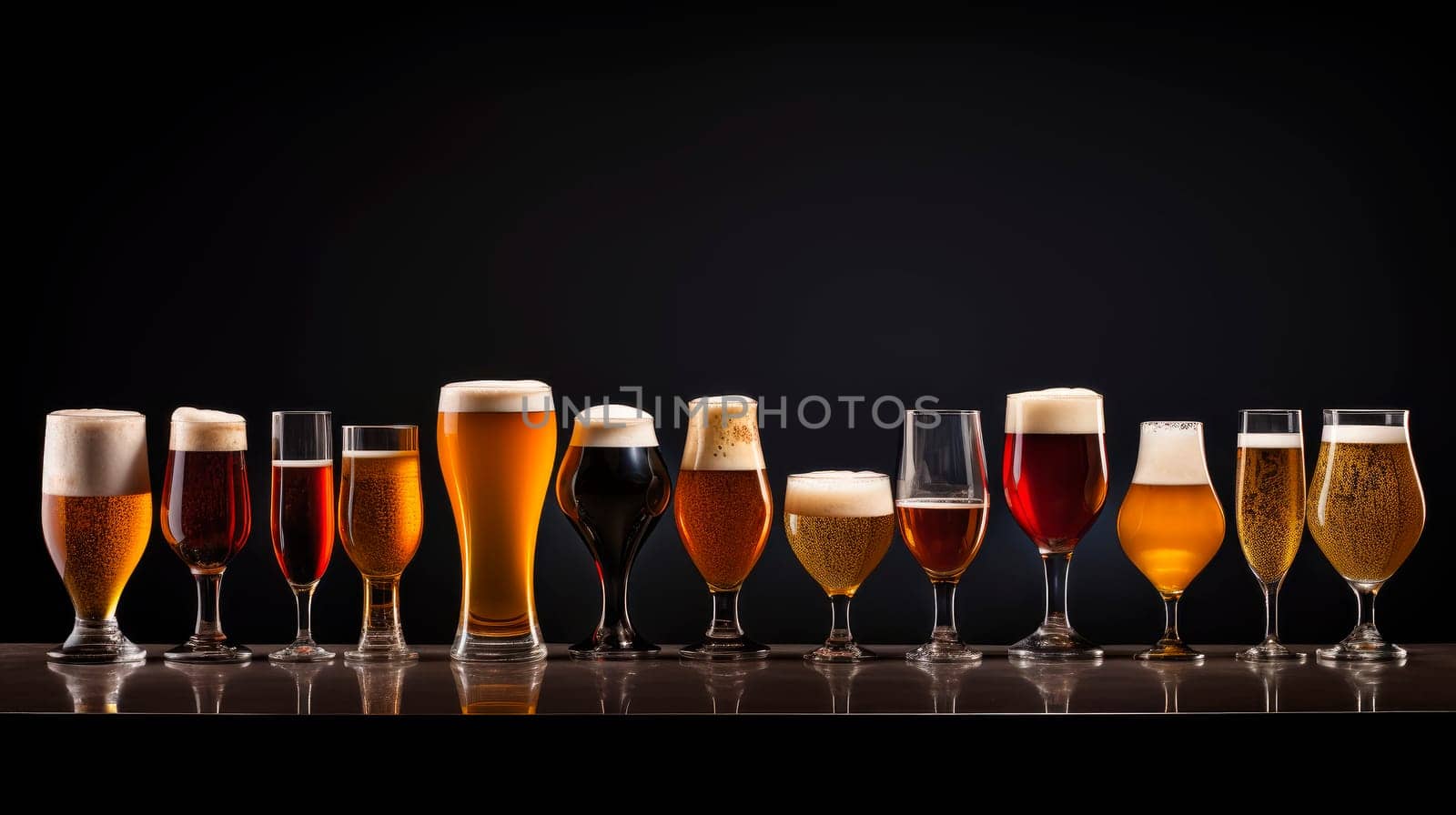 Assortment of beer glasses on table lined up on a dark background . AI generated