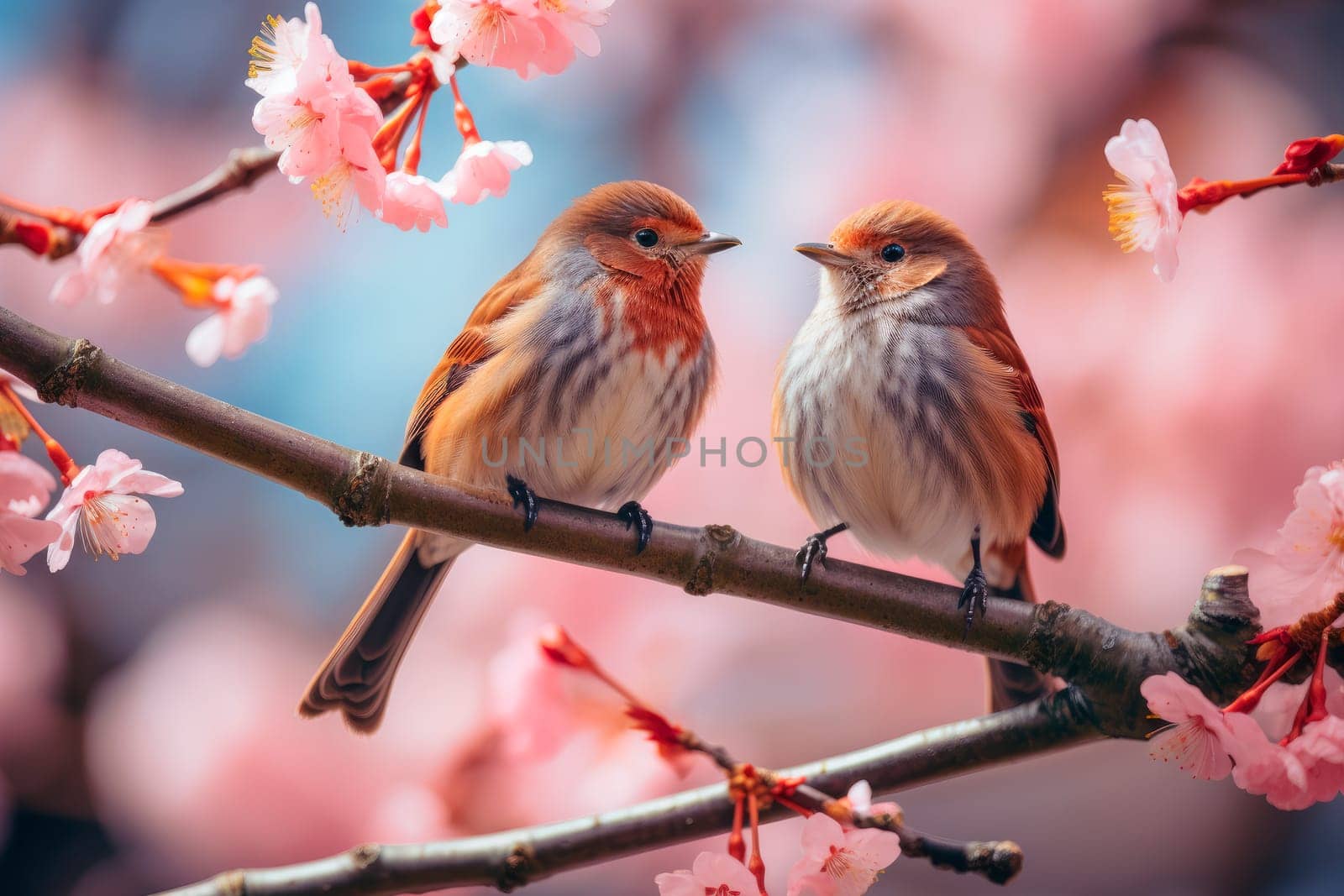 Birds on blossom branch with flowers. AI generated