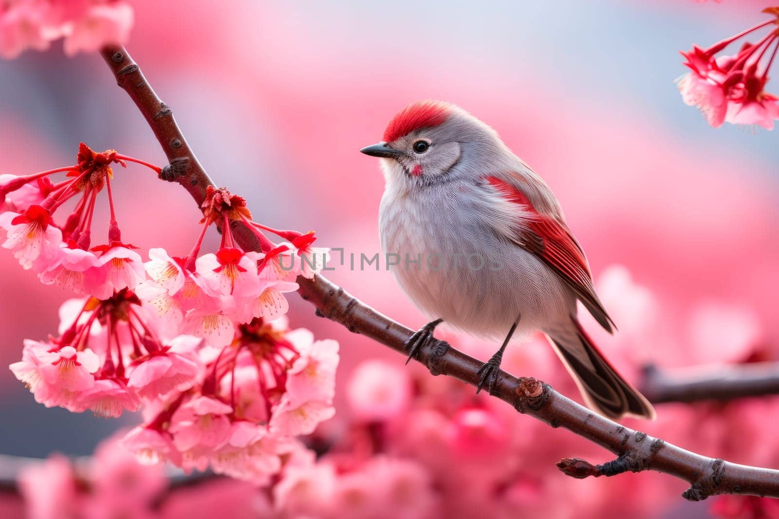 Little bird on a blossom branch with cherry flowers. AI generated