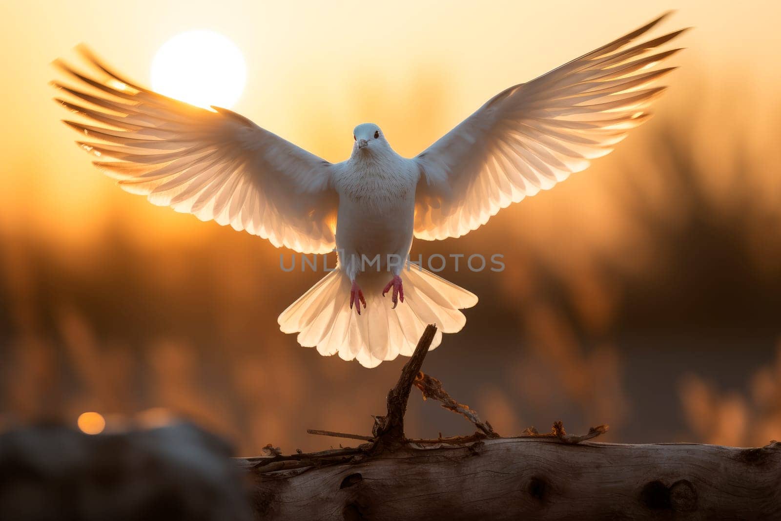 White dove flying in beautiful sunset light. Freedom and peace concept. AI generated
