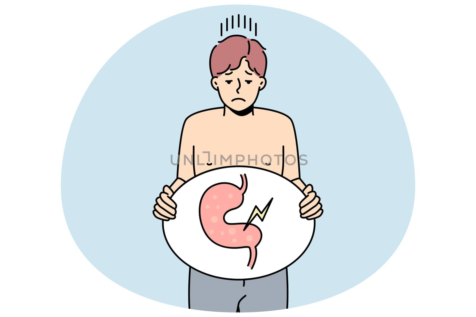 Unhealthy man suffer from indigestion problem. Unhappy sick guy holding image of sick body organ struggle with stomachache. Healthcare concept. Vector illustration.