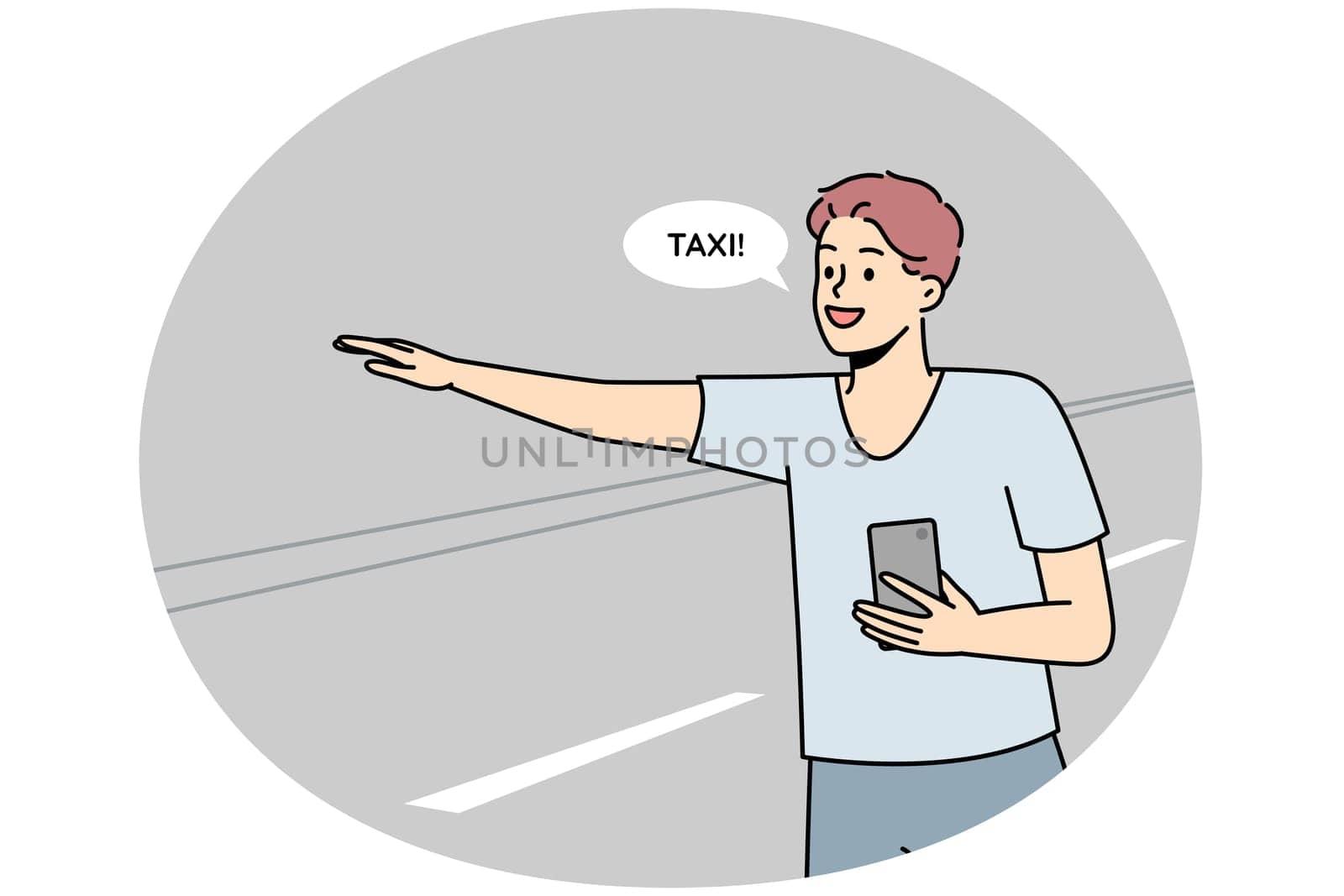 Smiling young man with cellphone in hands catch taxi with hand gesture on road. Happy guy with smartphone get cab outdoors. Vector illustration.
