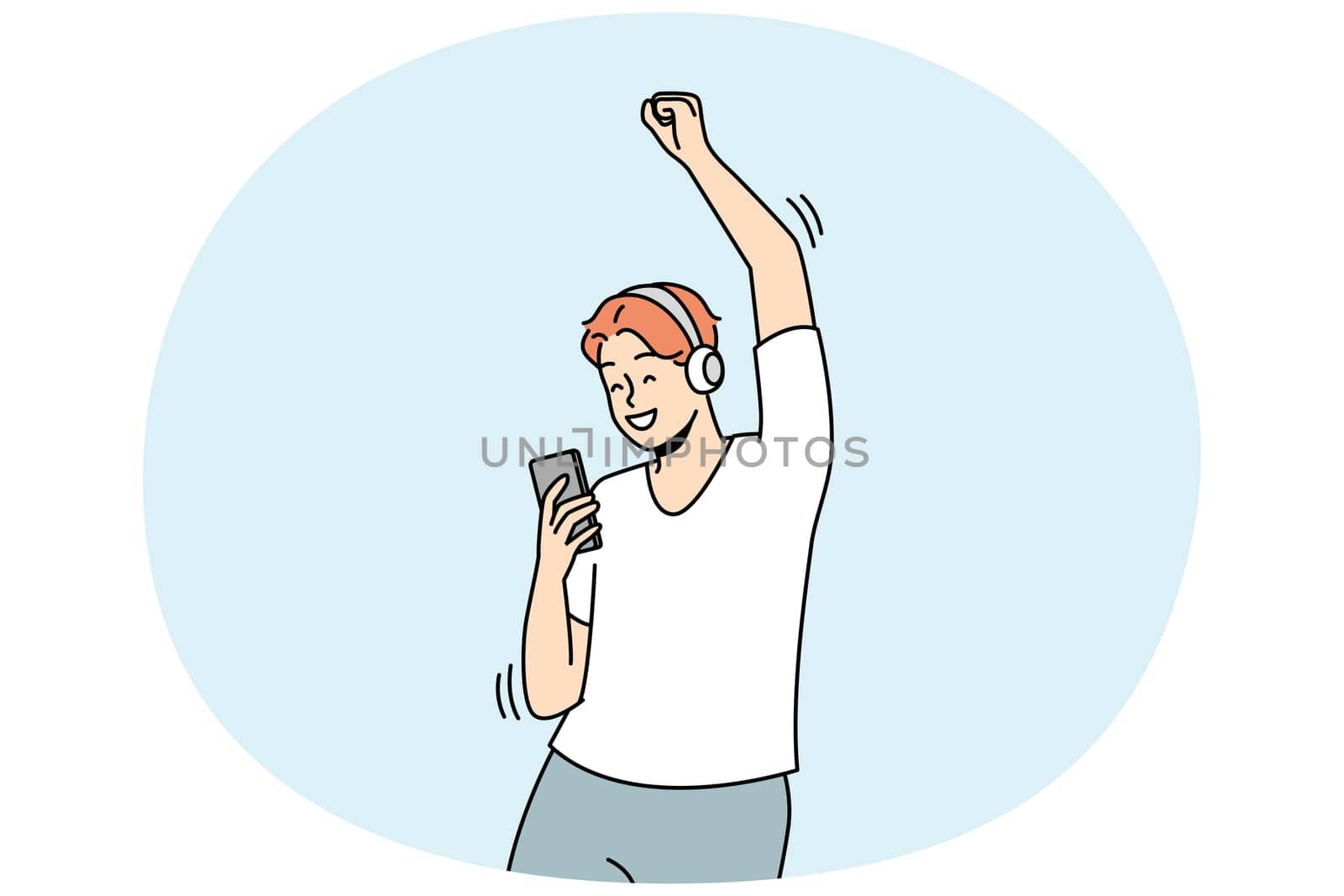 Happy man in wireless headphones dance listen to music on cellphone. Smiling guy in earphones enjoy good quality audio on smartphone. Vector illustration.