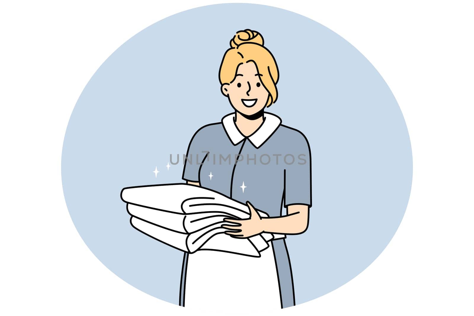 Smiling housekeeper in uniform holding stack of towels. Happy female housemaid or janitor working in hotel. Housekeeping concept. Vector illustration.
