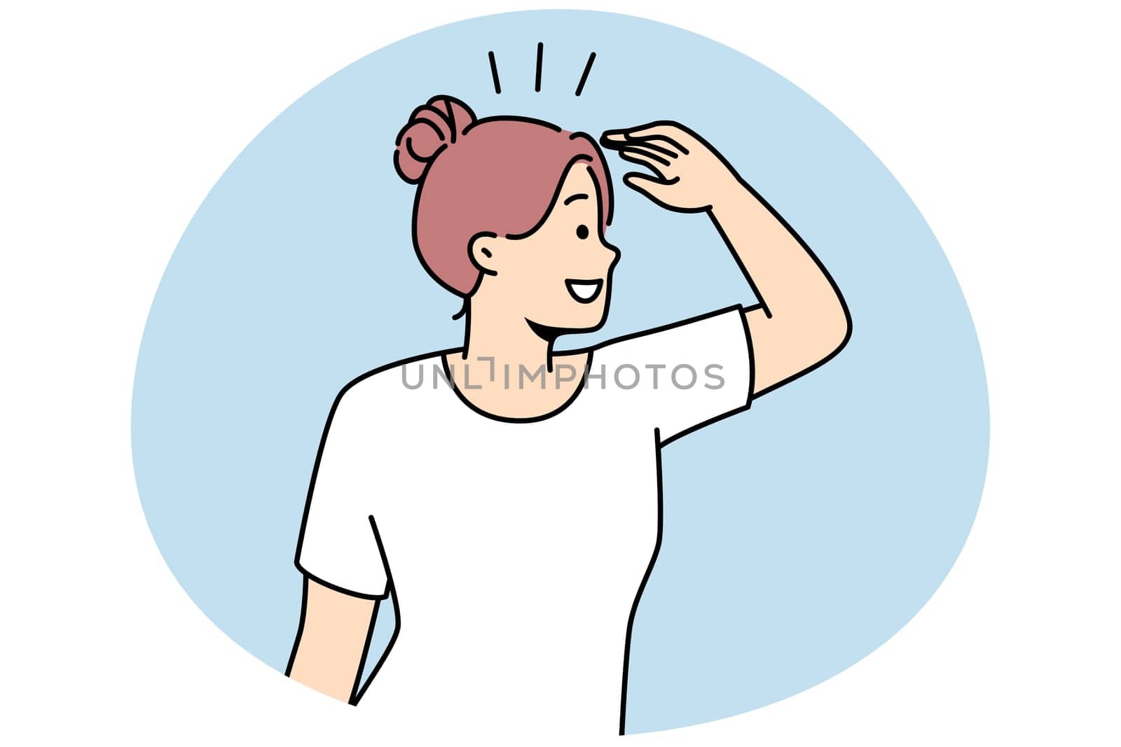 Smiling woman looking in far searching for new perspective and opportunities. Happy female waiting to best to come. Vector illustration.