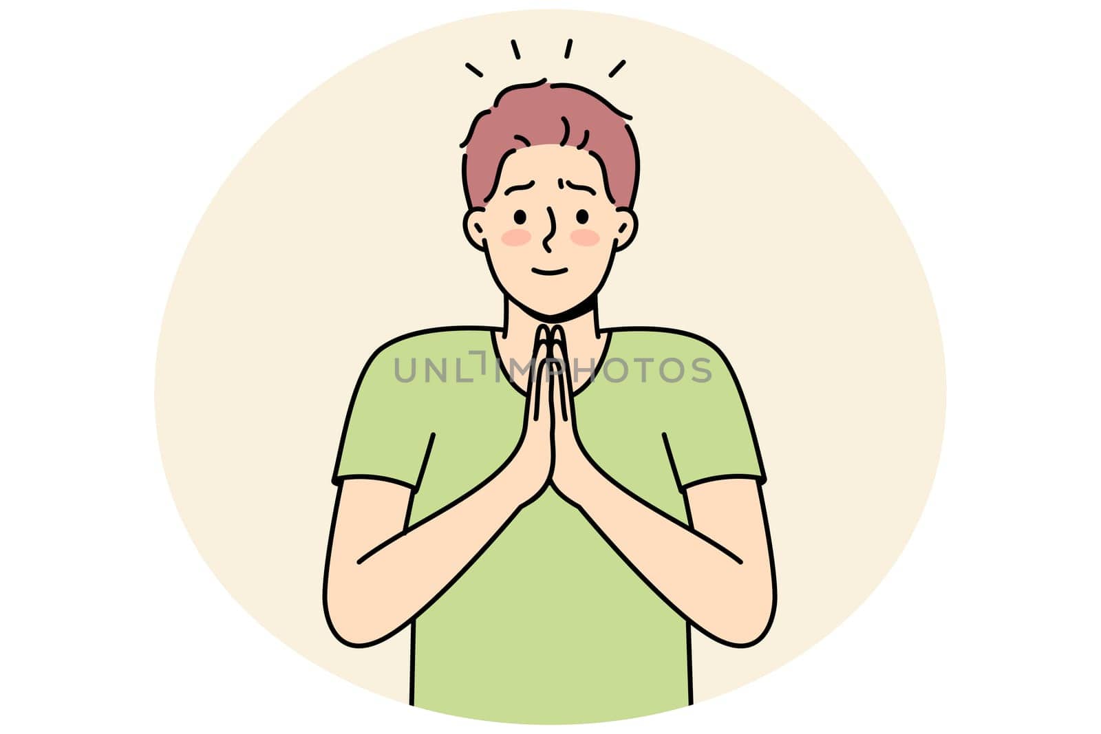 Smiling young man with hands in prayer ask for forgiveness. Male join hands feel grateful or thankful. Gratitude concept. Vector illustration.