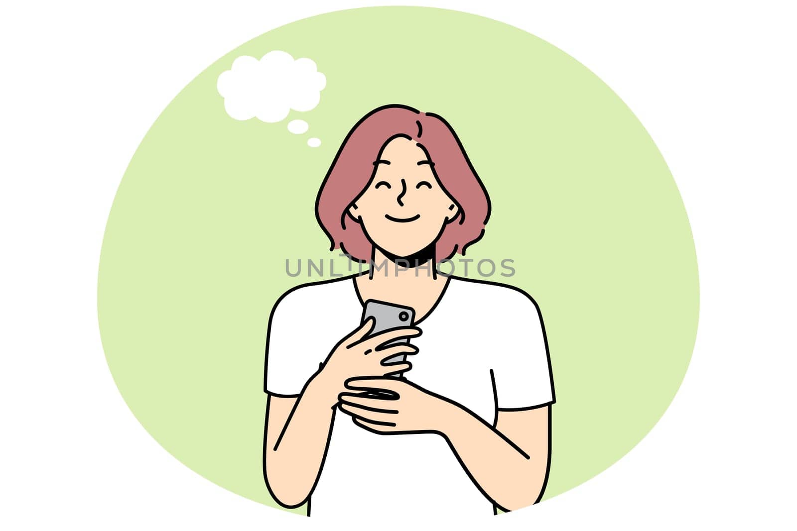 Smiling young woman holding cellphone excited with good message or text. Happy girl with speech bubble above head satisfied with news on smartphone. Vector illustration.