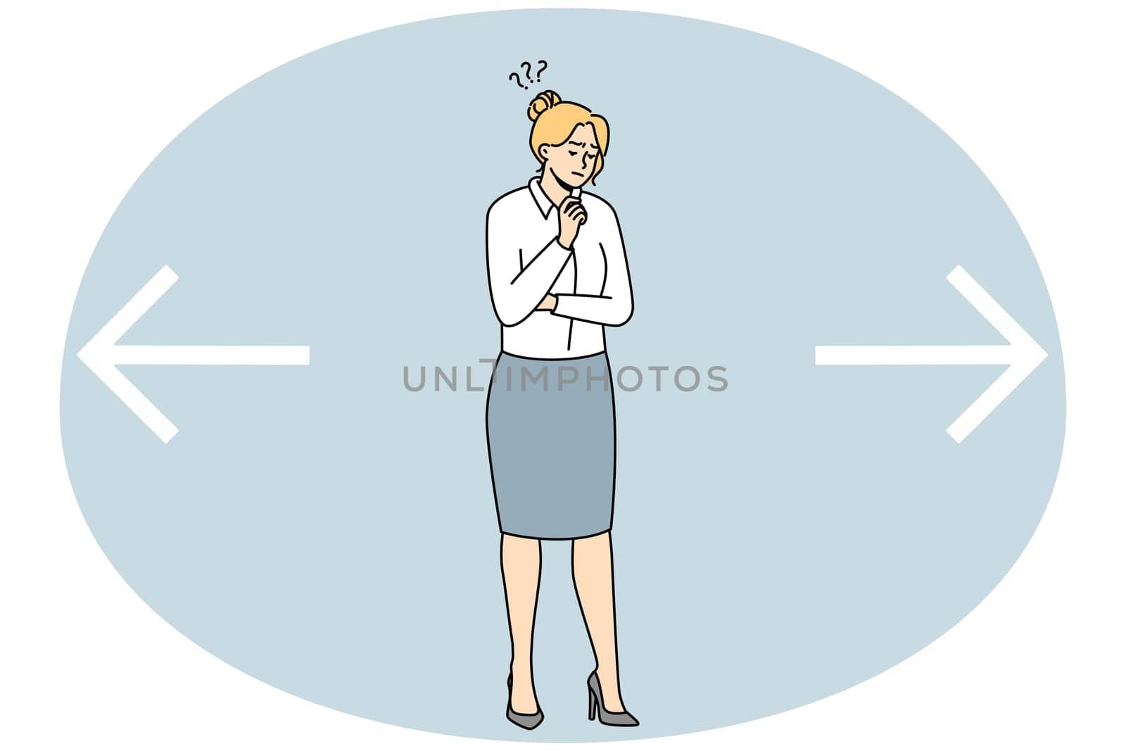 Confused businesswoman near huge arrows facing different directions make choice or decision. Frustrated woman employee think consider idea. Vector illustration.