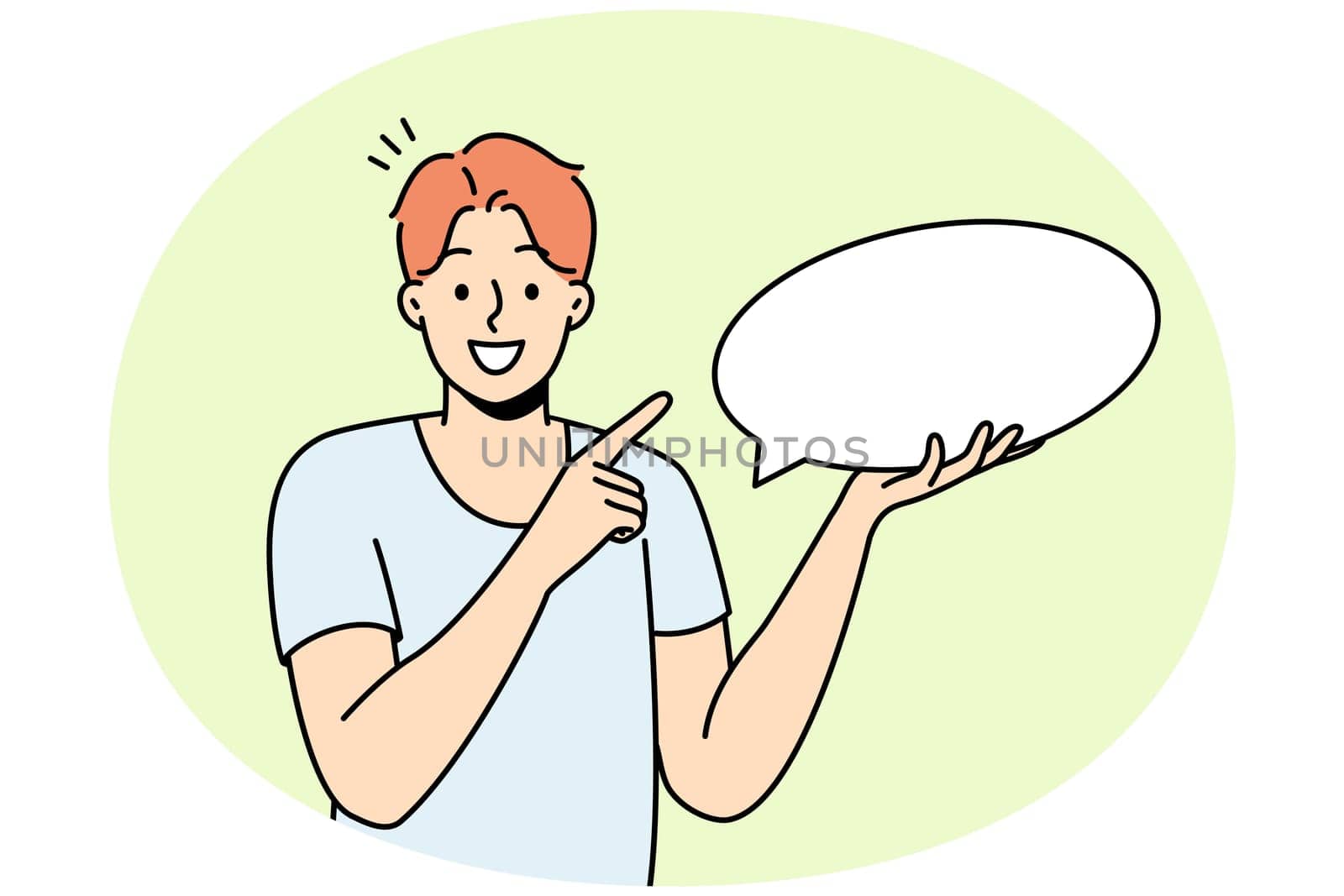 Smiling young man holding speech bubble in hands. Happy guy point at mockup empty blank copy space for advertising. Vector illustration.