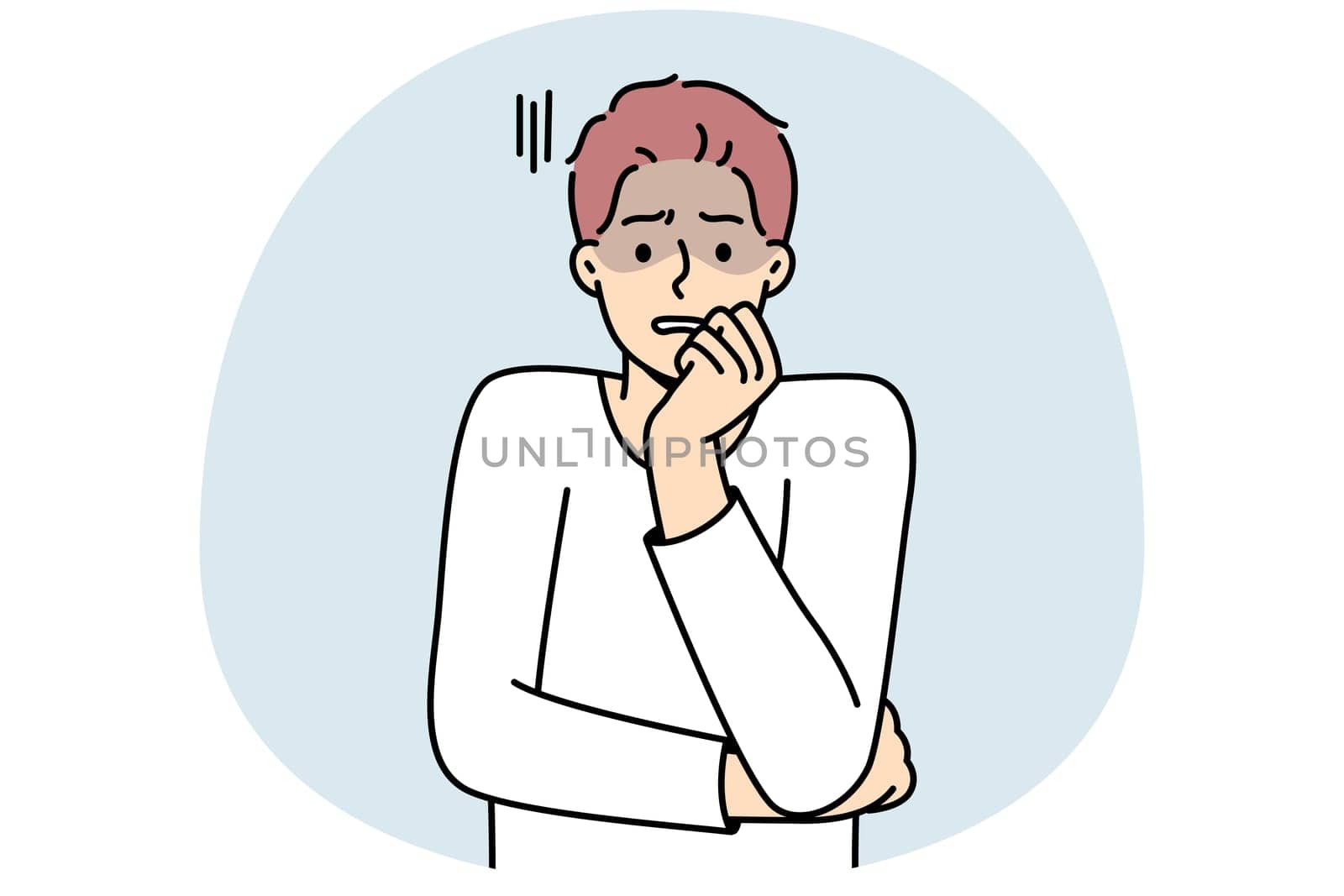 Anxious young man feeling terrified and worried. Unhappy guy feel afraid and astonished. Emotion control and mental problems. Vector illustration.