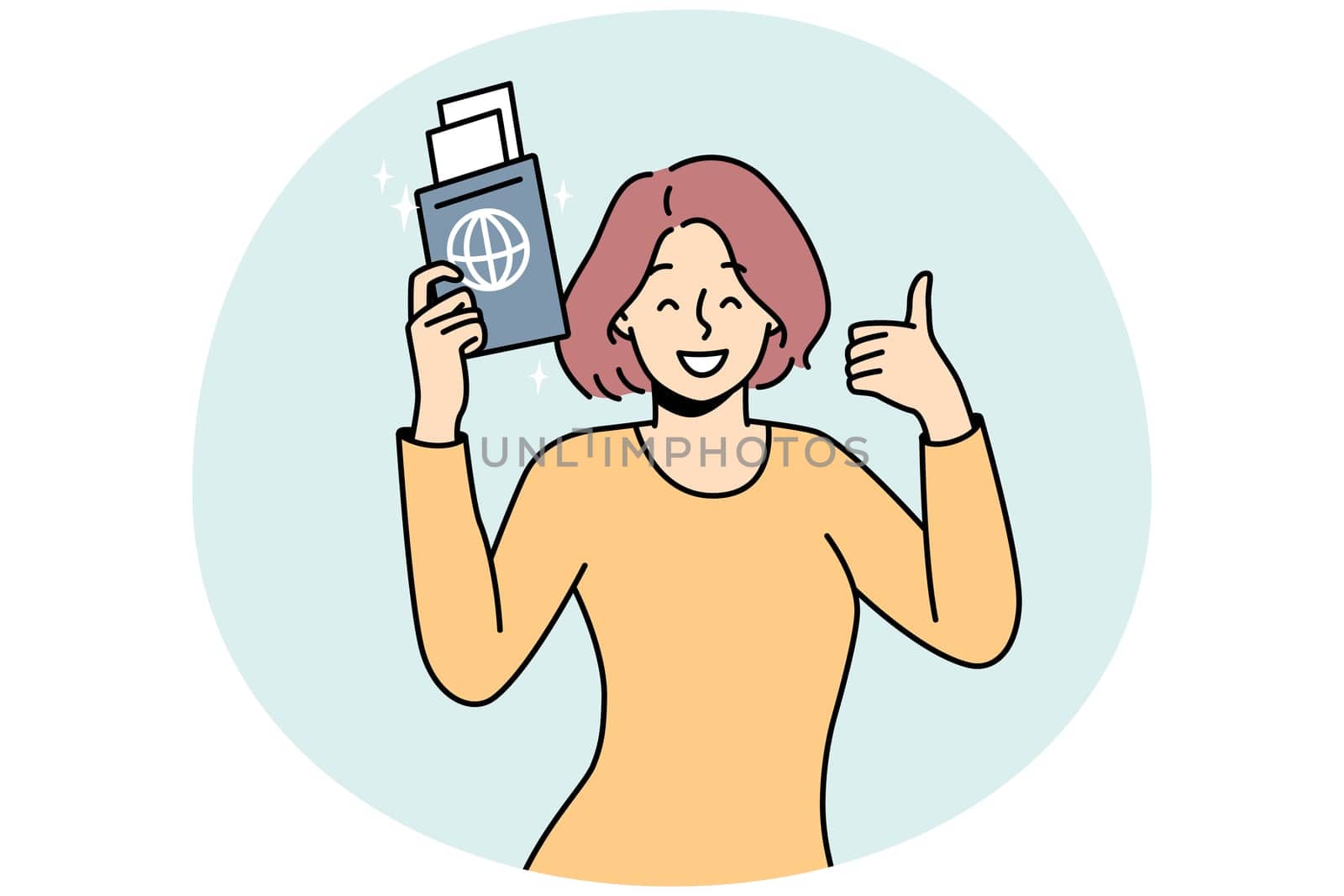 Smiling woman holding passport in hands excited about travel. Happy female traveler ready for summer vacation. Tourism concept. Vector illustration.