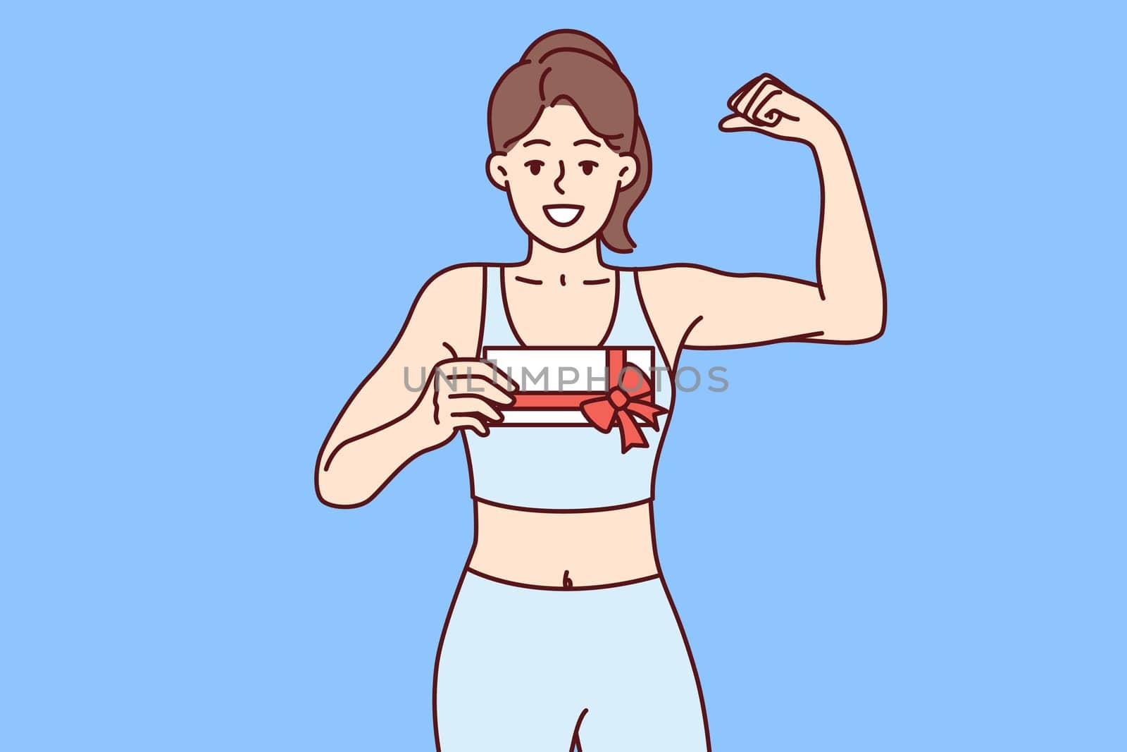 Woman holds gift certificate for fitness club and shows biceps, urging you to do sport. Smiling girl demonstrates fitness voucher with red ribbon presented for birthday and motivating to visit gym