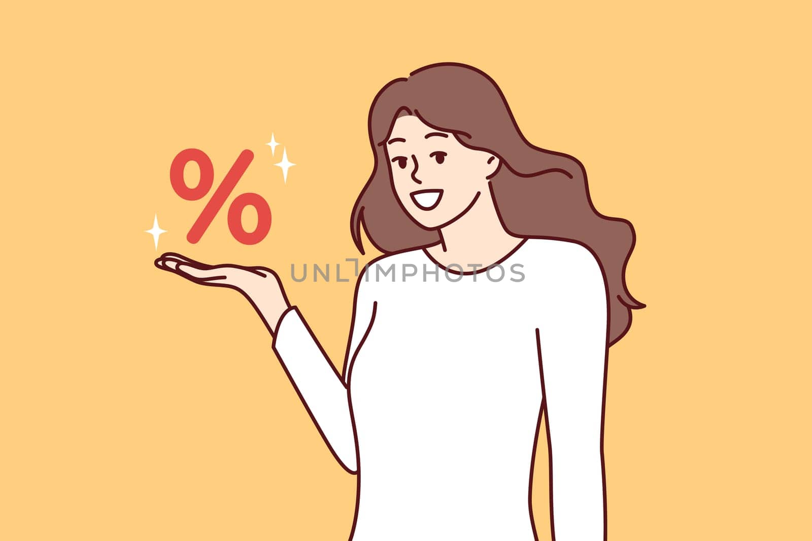 Woman demonstrates percentage sign, symbolizing bank low interest in issuing loan that is beneficial to consumer. Percentage metaphor for big discount and special offer in honor of black friday sale